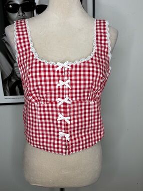 Moa Moa Red and White Gingham Lace-Trim Crop Top